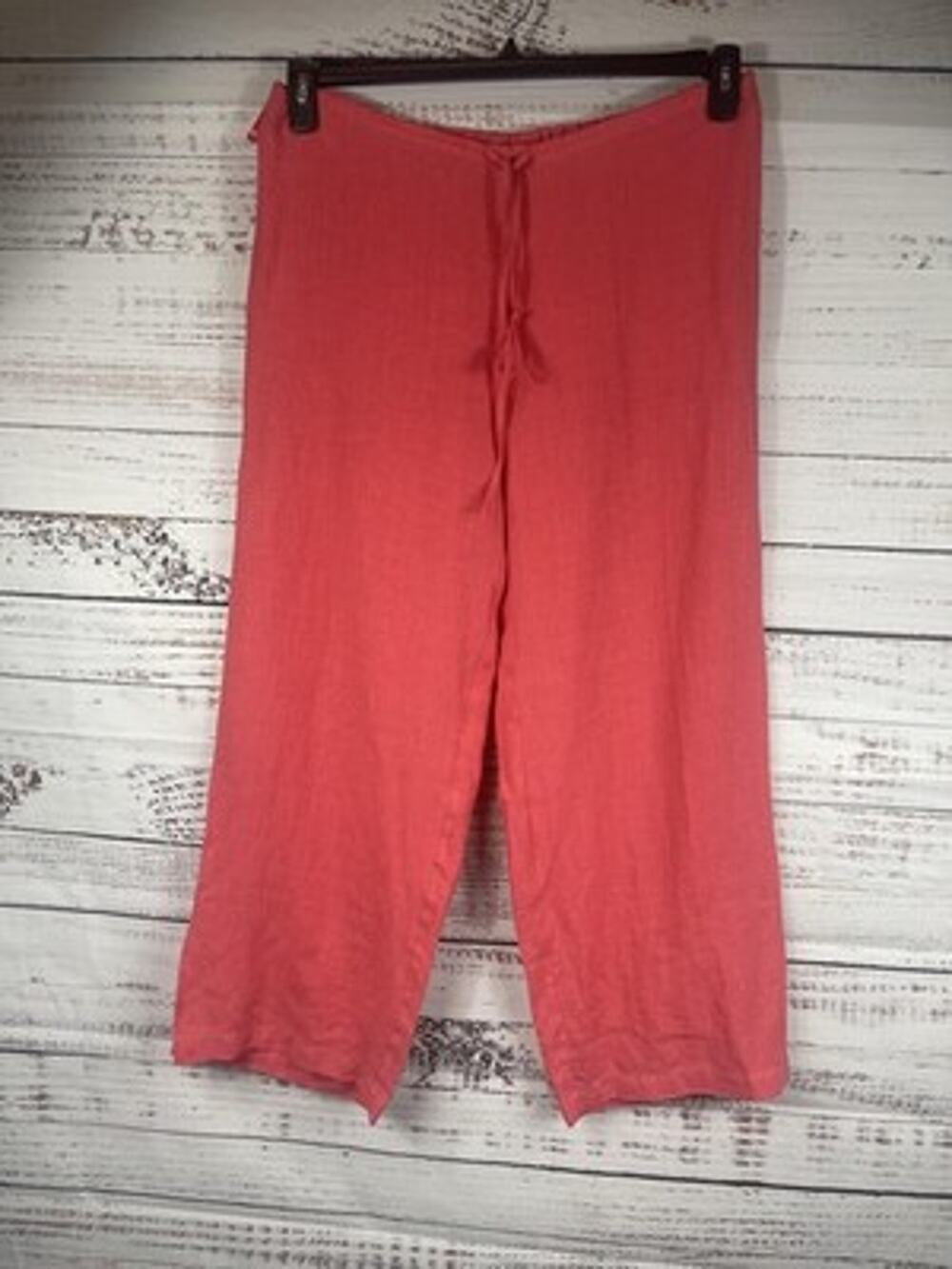 Eileen Fisher Pants Womens Medium Pink Linen Wide Leg Ankle Drawstring Pull On
